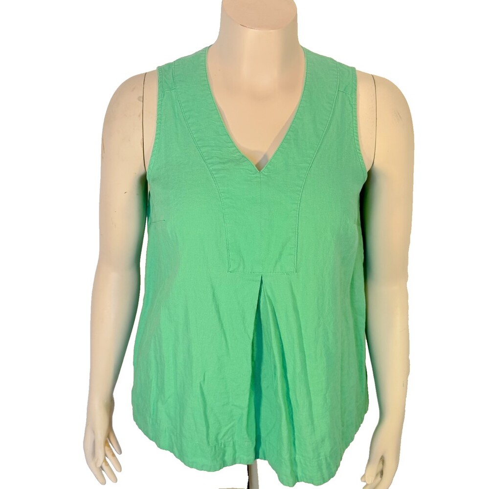 Croft & Barrow Tank Blouse Women's M Green V Neck Flared Hem 55% Linen